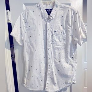 Hollister Boys Epic Flex Cotton Button Down Shirt White with Navy Cactus Sz S